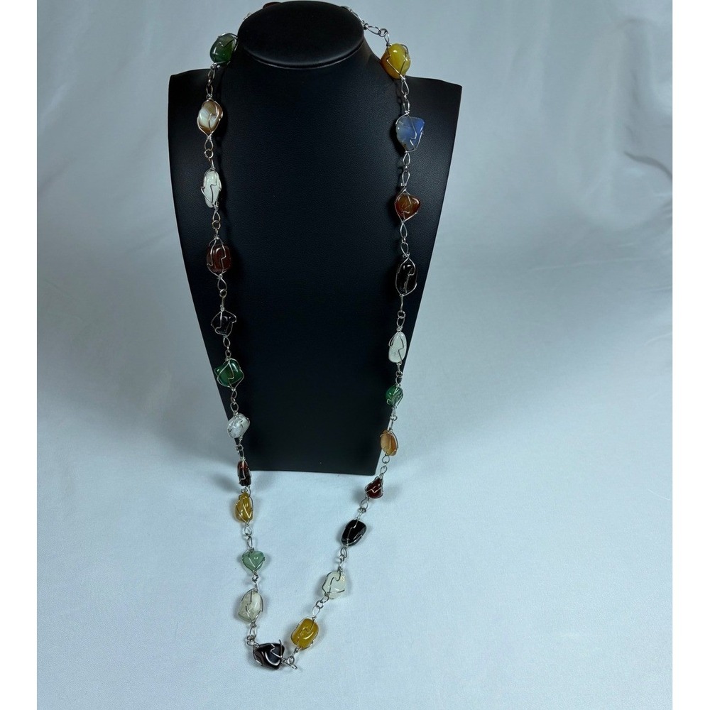 Vintage Boho Wire Wrapped Tumbled Stone Necklace Multi Color Gemstone 36 Inch